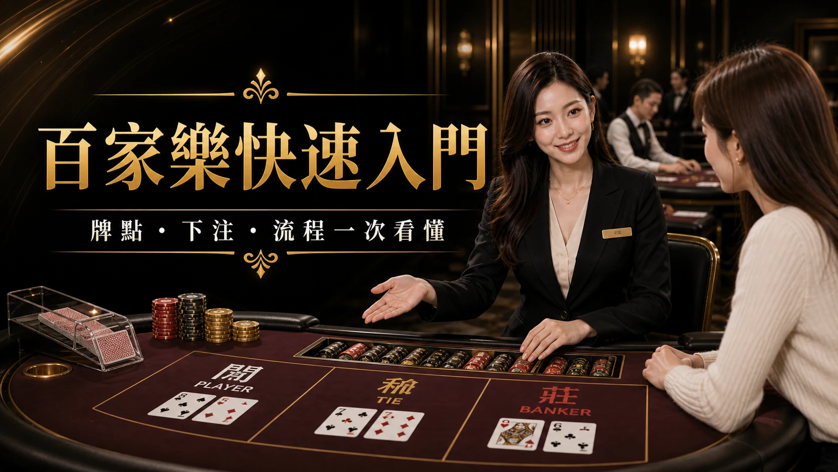 百家樂快速入門黑金主視覺,專業接待說明牌點下注與流程