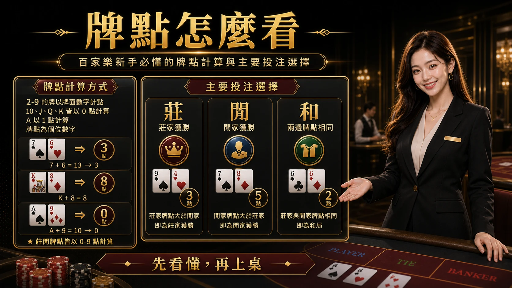 百家樂牌點怎麼看,包含莊閒和與牌點計算方式