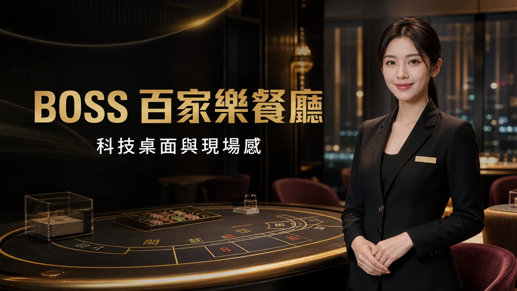 BOSS百家樂餐廳黑金主視覺，專業接待與現場百家樂桌面