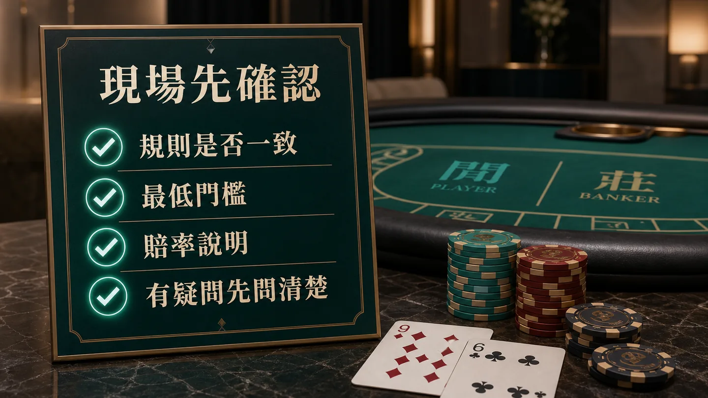 現場規則確認清單示意圖,提醒確認規則是否一致、最低門檻、賠率說明與疑問先問清楚