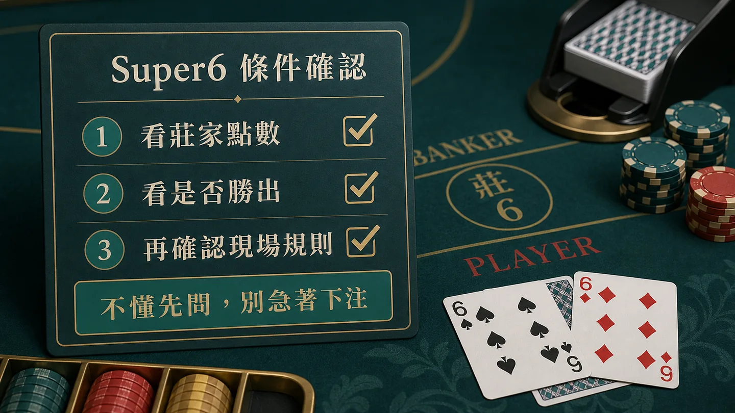 Super6 條件確認示意圖,整理看莊家點數、是否勝出、再確認現場規則的三個步驟