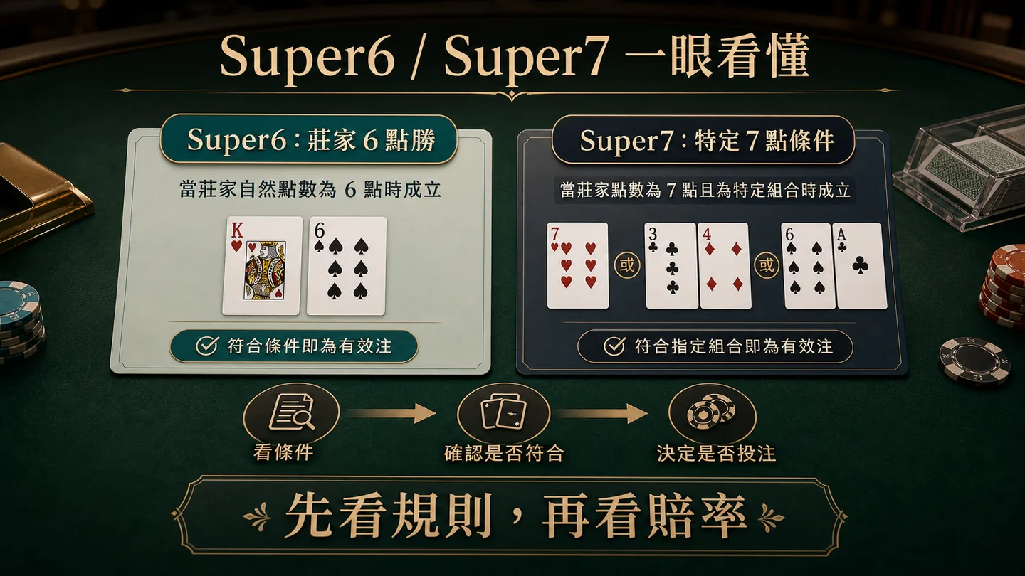 Super6 與 Super7 規則差異示意圖,說明 Super6 看莊家 6 點勝、Super7 看特定 7 點條件,提醒先確認規則再看賠率
