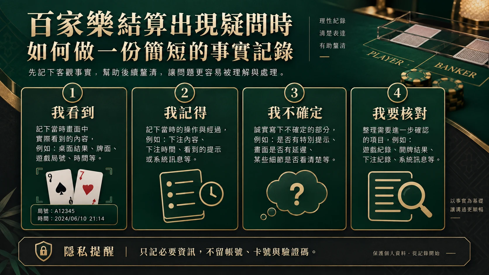 把結算疑問分成觀察事實、記憶、不確定與待核對項目。