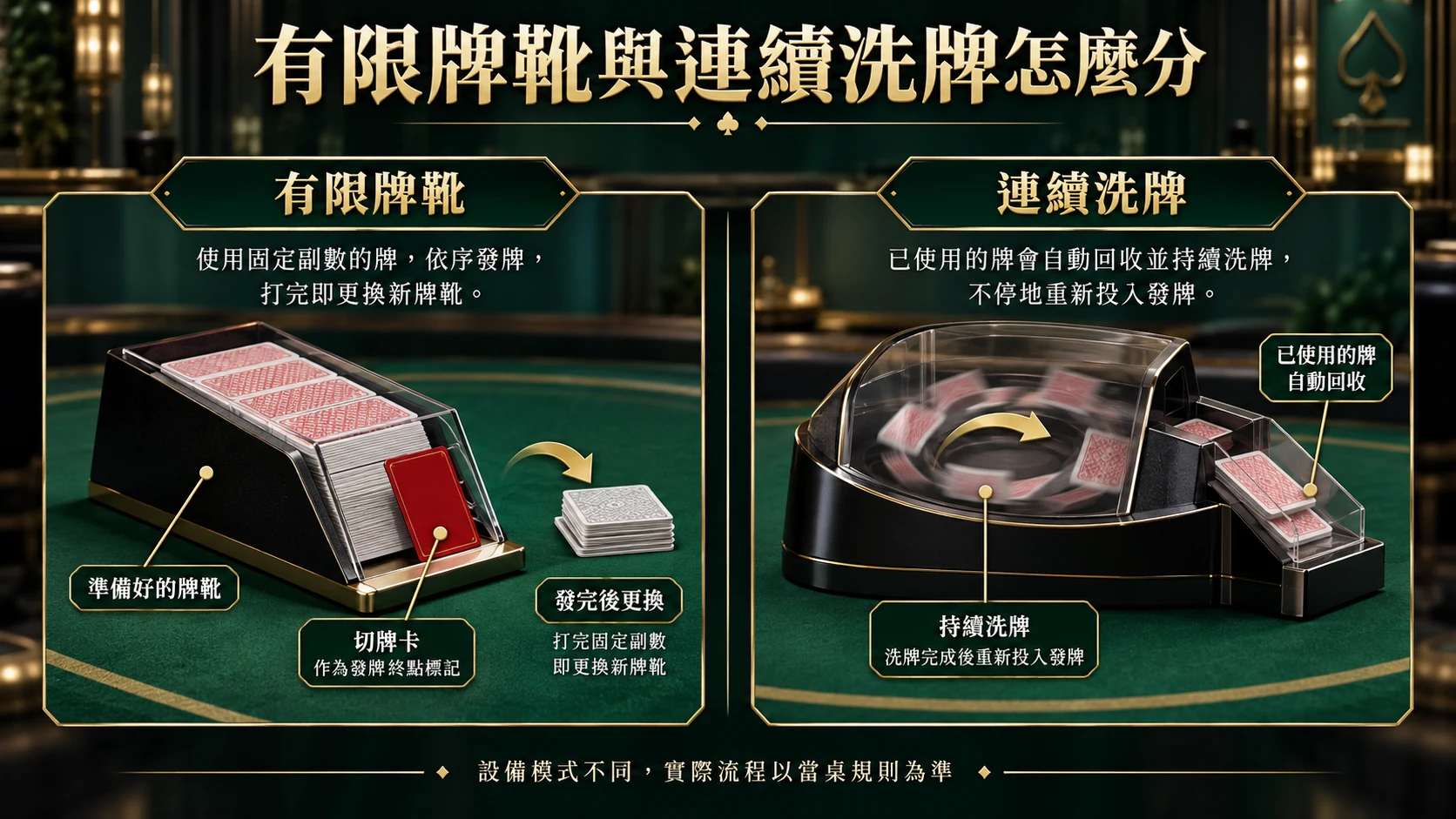 有限牌靴與連續洗牌設備的概念差異示意。