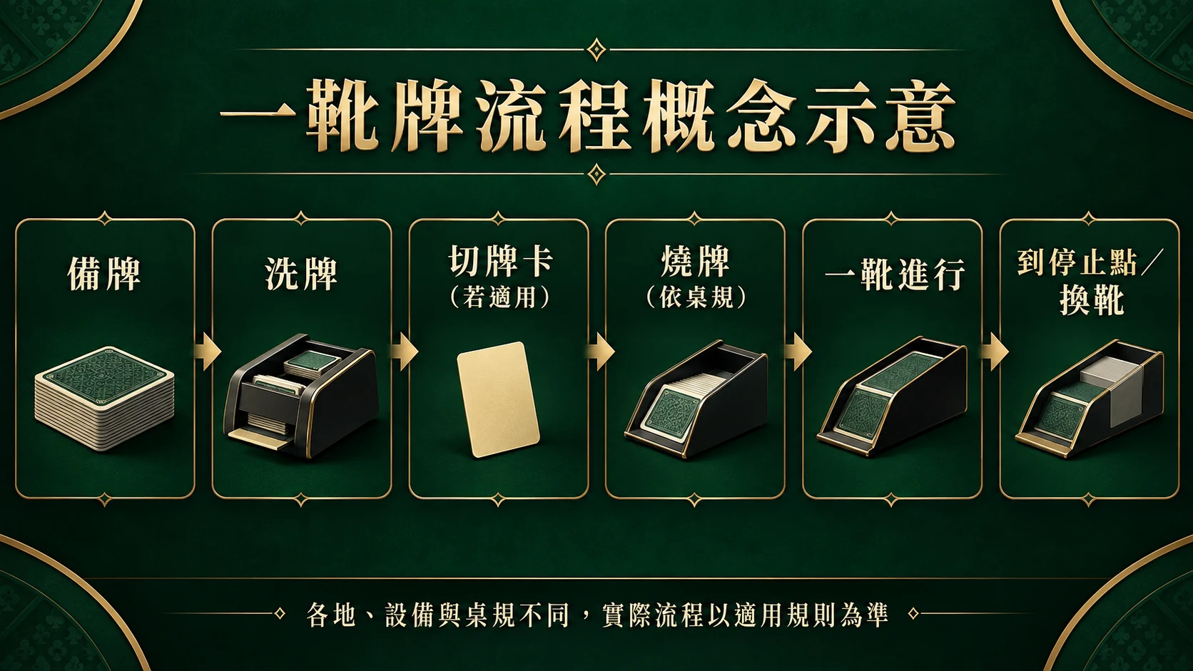 一靴牌流程概念示意:備牌、洗牌、切牌卡、燒牌、供牌與換靴。
